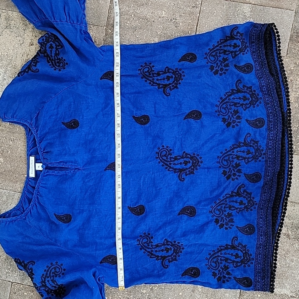Charter Club Cobalt Blue & Black Embroidery Flutter Sleeve Linen Shirt Sz XL - Picture 9 of 12